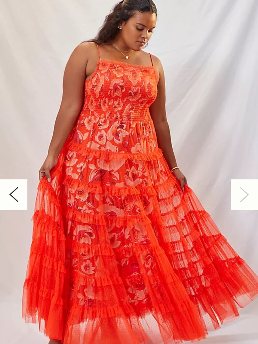 Anthropologie Coral-Red Floral Mesh Tiered Dress - Picture 2 of 11